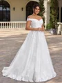 A-line Off-the-Shoulder Appliques Lace Sweep Train Tulle Corset Plus Size Wedding Dress