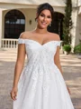 A-line Off-the-Shoulder Appliques Lace Sweep Train Tulle Corset Plus Size Wedding Dress