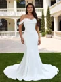 Sheath Off-the-Shoulder Pleated Court Train Satin Corset Plus Size Wedding Dress
