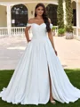 Ball-Gown Off-the-Shoulder Pleated Court Train Corset Plus Size Wedding Dress