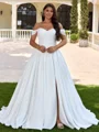 Ball-Gown Off-the-Shoulder Pleated Court Train Corset Plus Size Wedding Dress