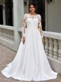 A-line Scoop Long Sleeves Appliques Lace Court Train Satin Plus Size Wedding Dress