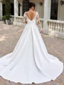 A-line Scoop Long Sleeves Appliques Lace Court Train Satin Plus Size Wedding Dress