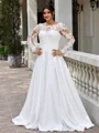 A-line Scoop Long Sleeves Appliques Lace Court Train Satin Plus Size Wedding Dress