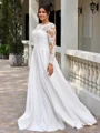 A-line Scoop Long Sleeves Appliques Lace Court Train Satin Plus Size Wedding Dress