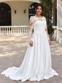 A-line Scoop Long Sleeves Appliques Lace Court Train Satin Plus Size Wedding Dress