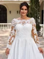 A-line Scoop Long Sleeves Appliques Lace Court Train Satin Plus Size Wedding Dress