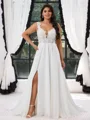A-line Straps Appliques Lace Sweep Train Chiffon Plus Size Wedding Dress