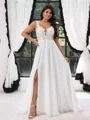 A-line Straps Appliques Lace Sweep Train Chiffon Plus Size Wedding Dress