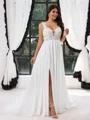 A-line Straps Appliques Lace Sweep Train Chiffon Plus Size Wedding Dress