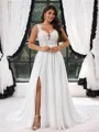A-line Straps Appliques Lace Sweep Train Chiffon Plus Size Wedding Dress