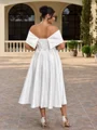 A-line Off-the-Shoulder Pleated Tea-Length Satin Corset Plus Size Wedding Dress