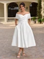 A-line Off-the-Shoulder Pleated Tea-Length Satin Corset Plus Size Wedding Dress