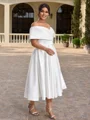 A-line Off-the-Shoulder Pleated Tea-Length Satin Corset Plus Size Wedding Dress