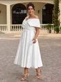 A-line Off-the-Shoulder Pleated Tea-Length Satin Corset Plus Size Wedding Dress