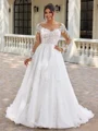 A-line Scoop Long Sleeves Appliques Lace Sweep Train Organza Plus Size Wedding Dress