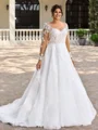 A-line Scoop Long Sleeves Appliques Lace Sweep Train Organza Plus Size Wedding Dress