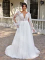 A-line V-neck Long Sleeves Appliques Lace Court Train Tulle Plus Size Wedding Dress