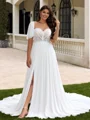 A-line Scoop Short Sleeves Appliques Lace Chapel Train Tulle Plus Size Wedding Dress