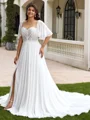 A-line Scoop Short Sleeves Appliques Lace Chapel Train Tulle Plus Size Wedding Dress
