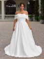 A-line Off-the-Shoulder Pleated Sweep Train Organza Corset Plus Size Wedding Dress