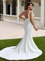 Sheath V-neck Pleated Chapel Train Stretch Crepe Plus Size Wedding Dress