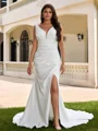 Sheath V-neck Pleated Chapel Train Stretch Crepe Plus Size Wedding Dress