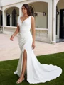 Sheath V-neck Pleated Chapel Train Stretch Crepe Plus Size Wedding Dress