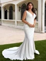 Sheath V-neck Pleated Chapel Train Stretch Crepe Plus Size Wedding Dress