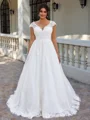 A-line V-neck Appliques Lace Court Train Tulle Plus Size Wedding Dress