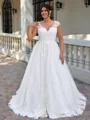 A-line V-neck Appliques Lace Court Train Tulle Plus Size Wedding Dress