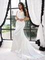 Sheath Off-the-Shoulder Pleated Court Train Silk Like Satin Corset Plus Size Wedding Dress