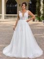 A-line V-neck Long Sleeves Appliques Lace Court Train Tulle Plus Size Wedding Dress