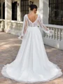A-line V-neck Long Sleeves Appliques Lace Court Train Tulle Plus Size Wedding Dress