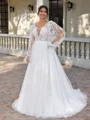 A-line V-neck Long Sleeves Appliques Lace Court Train Tulle Plus Size Wedding Dress