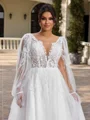 A-line V-neck Long Sleeves Appliques Lace Court Train Tulle Plus Size Wedding Dress