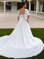 A-line Scoop Short Sleeves Appliques Lace Chapel Train Tulle Plus Size Wedding Dress