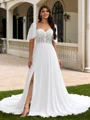A-line Scoop Short Sleeves Appliques Lace Chapel Train Tulle Plus Size Wedding Dress