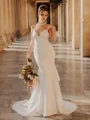 Sheath V-neck Bow Chapel Train Stretch Crepe Wedding Dress