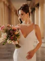 Sheath V-neck Bow Chapel Train Stretch Crepe Wedding Dress