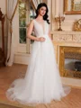 A-line Scoop Appliques Lace Sweep Train Tulle Wedding Dress