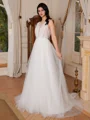 A-line Scoop Appliques Lace Sweep Train Tulle Wedding Dress