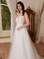 A-line Scoop Appliques Lace Sweep Train Tulle Wedding Dress