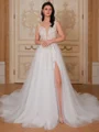 A-line V-neck Appliques Lace Chapel Train Tulle Wedding Dress
