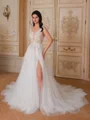 A-line V-neck Appliques Lace Chapel Train Tulle Wedding Dress