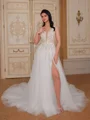 A-line V-neck Appliques Lace Chapel Train Tulle Wedding Dress