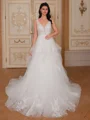 A-line V-neck Appliques Lace Sweep Train Tulle Wedding Dress