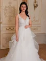 A-line V-neck Appliques Lace Sweep Train Tulle Wedding Dress