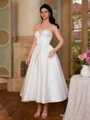 A-line Sweetheart Pleated Tea-Length Satin Corset Wedding Dress