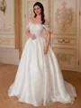 Ball-Gown Scoop Short Sleeves Appliques Lace Sweep Train Corset Wedding Dress